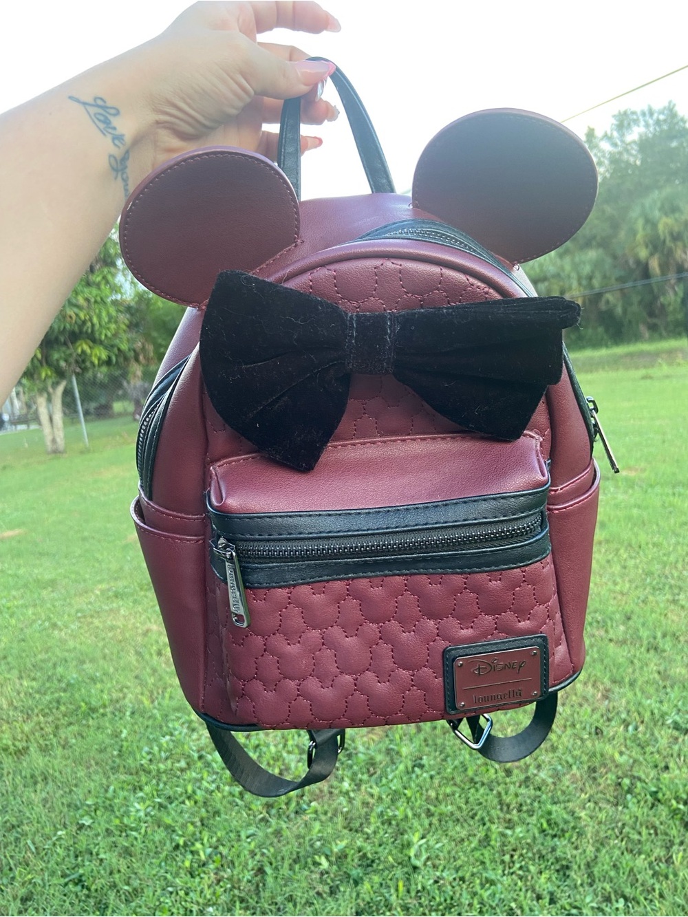 Loungefly Burgundy Minnie Ear Mini Backpack with Black Velvet Bow
